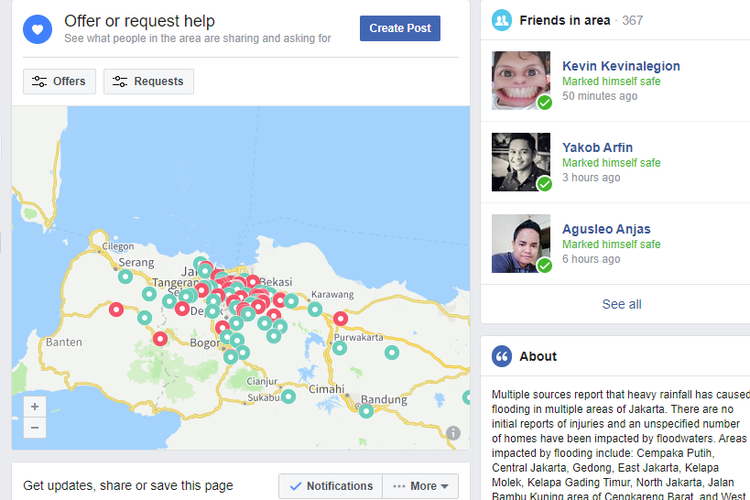 Facebook mengaktifkan fitur Safety Check saat bencana banjir di Jakarta dan sekitarnya. 