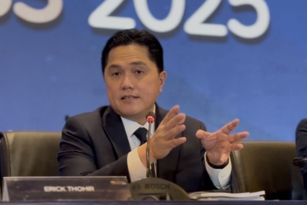 Ketua Umum PSSI, Erick Thohir, berbicara usai Kongres Biasa PSSI 2025 di Hotel Ritz-Carlton, Jakarta, Rabu (4/6/2025).
