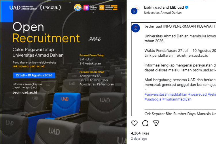 UAD Buka Loker Tendik dan Dosen Tetap 2026, Batas Daftar 10 Agustus