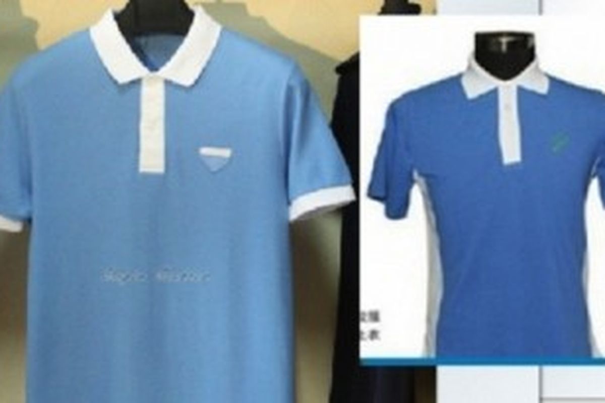 Ini desain polo shirt Prada (kiri) yang diklaim mencontek seragam sekolah di China (kanan).