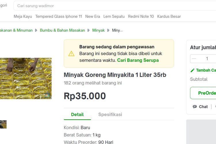 Tangkapan layar Minyakita dijual Rp 35.000 per liter di e-commerce, padahal harga jual aslinya Rp 14.000 per liter. 