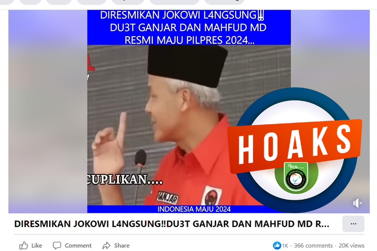 Tangkapan layar Facebook narasi yang menyebut Jokowi meresmikan pasangan Ganjar dan Mahfud MD di Pilpres 2024