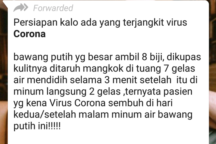 Tangkapan layar pengobatan virus corona yang beredar di WhatsApps.