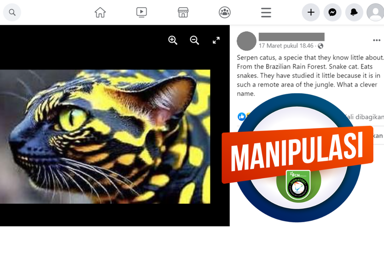 Tangkapan layar konten manipulasi di sebuah akun Facebook, Jumat (17/3/2023), soal hewan Sarpens catus hasil persilangan ular dan kucing.