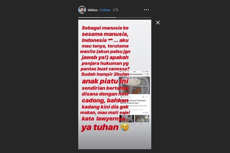 Bidik layar Instagram Story milik kekasih Vanessa Angel, Febri Ardiansyah atau yang karib disapa Bibi.