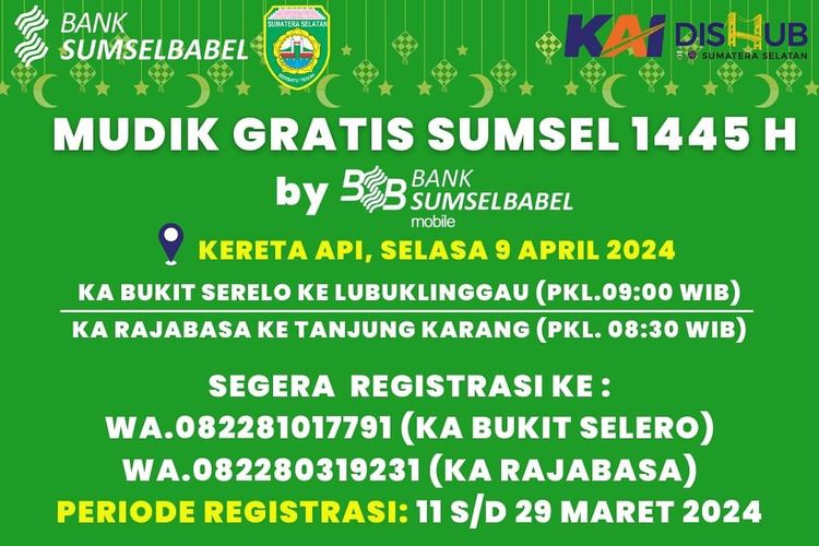 Cara daftar mudik gratis Bank Sumsel Babel 2024 yang dibuka mulai 11 Maret 2024 dengan tujuan Lubuklinggau dan Tanjung Karang.