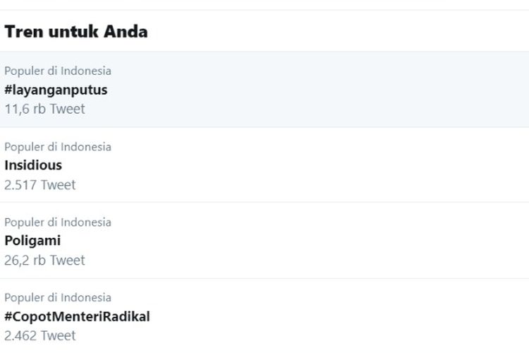 Trending Twitter Indonesia, Senin (4/11/2019). Pada bagian atas tercantum tagar Layangan Putus.