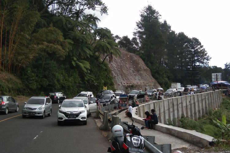 Sejumlah kendaraan roda empat tampak mengular  di Jalan Raya Puncak Bogor, KM 70 Cipayung arah kebun teh.