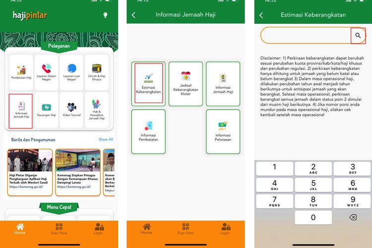 Ilustrasi cara cek estimasi keberangkatan haji via aplikasi Haji Pintar.