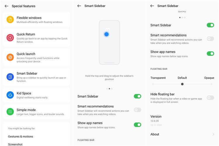 Ilustrasi menu pengaturan Smart Sidebar di ponsel Oppo.