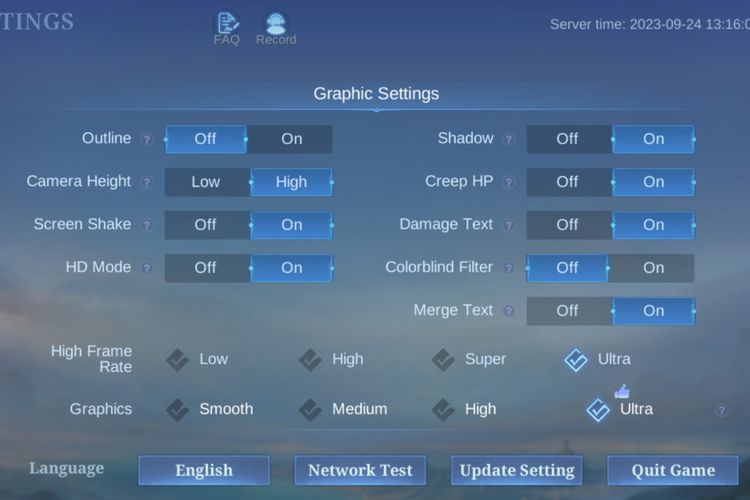 Pengaturan kualitas grafis di game Mobile Legends di Xiaomi 13T.