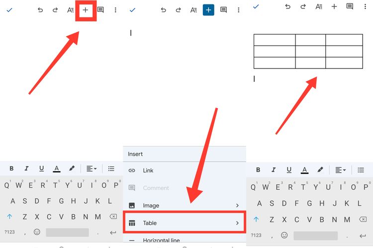 Cara membuat tabel di Google Docs via HP Android.