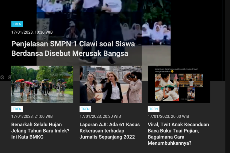 Berita terpopuler Tren hingga Rabu (18/1/2023) adalah penjelasan pihak SMPN 1 Ciawi soal video viral siswa berdansa.
