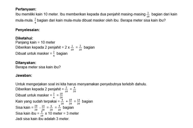 Jawaban soal berapa meter sisa kain ibu dari tayangan Belajar dari Rumah TVRI 16 Juli 2020 SD Kelas 4-6