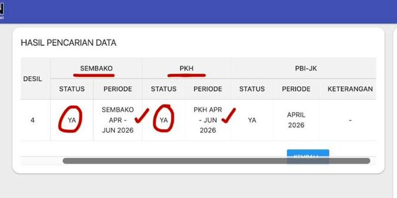 Tangkapan layar cara cek penerima PKH tahap 2 2026 di cek bansos kemensos. Cara cek penerima PKH. Cek PKH. Cara cek penerima PKH Mei 2026. PKH tahap 2 2026.