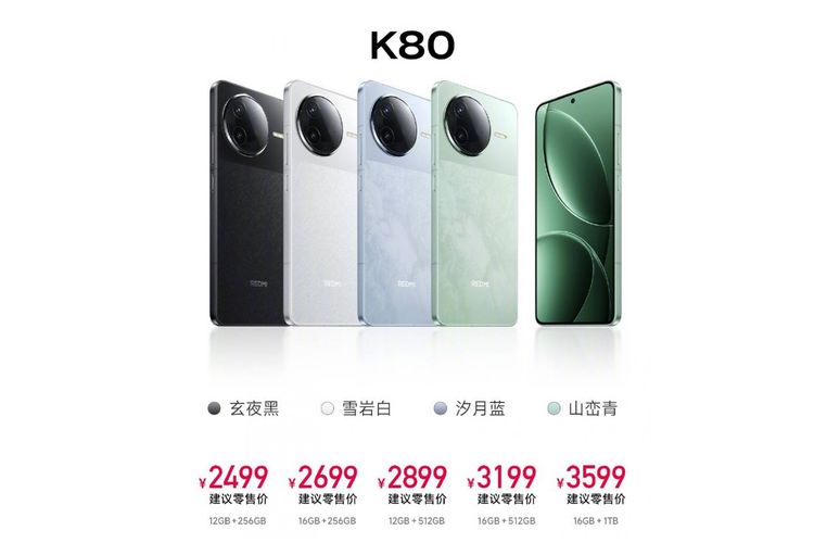 Di China, Redmi K80 ditawarkan dalam empat warna, yakno Obsidian Black, Snow White, Mountain Green, dan Moonlight Blue. Harga Redmi K80 mulai 2.499 yuan (sekitar Rp 5,4 juta).
