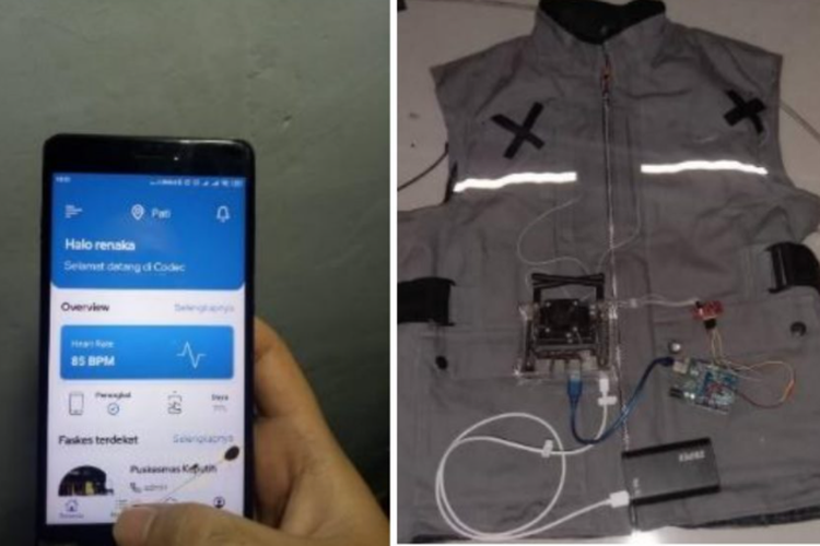 Prototipe rompi detektor serangan jantung koroner yang terintegrasi dengan aplikasi di ponsel cerdas buatan mahasiswa ITS.