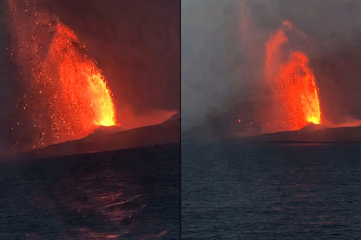 Tangkapan layar video amatir warga pemancing di Lampung Selatan menyaksikan langsung Anak Krakatau sedang erupsi, Sabtu (5/9/2026) dini hari.