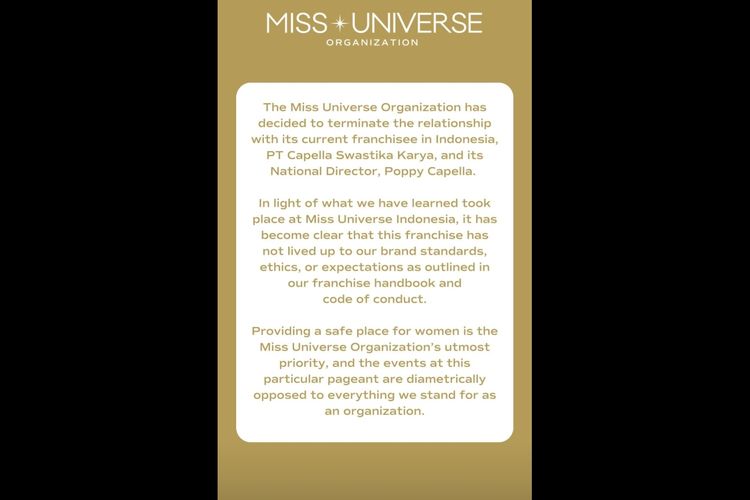Organisasi Miss Universe memutuskan kontraknya dengan pemegang lisensi Miss Universe Indonesia, PT Capella Swastika Karya.
