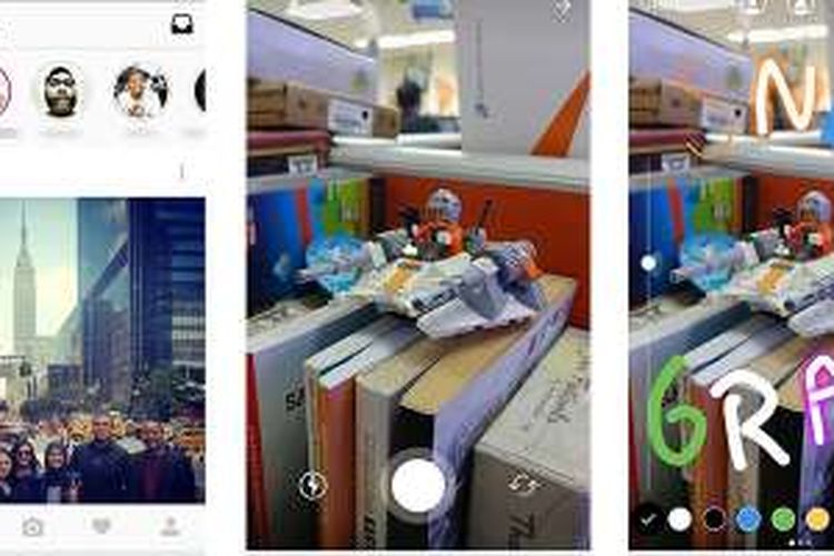 Tampilan avatar Stories di laman home Instagram (kiri) dan antarmuka pengambilan gambar. Sesudah merekam foto atau video, pengguna bisa menambahkan tulisan atau coretan.