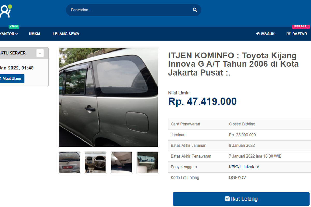 Tangkapan layar laman lelang Toyota Kijang Innova lansiran 2006 yang akan diselenggarakan pemerintah di situs lelang.go.id