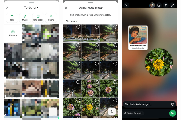 Tampilan fitur terbaru WhatsApp, yang terdiri dari layout, musik, dan stiker. Fitur ini terpantau sudah tersedia dan dapat digunakan di Indonesia pada WhatsApp versi 2.25.26.82 di perangkat Android. 