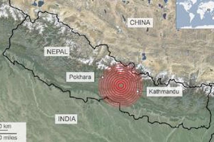 Gambar menunjukkan episenter Gempa berkekuatan 7.9 yang terletak di koordinat 28.131 lintang utara dan 84.649 bujur timur atau sekitar 81 kilometer arah barat laut ibu kota Nepal, Kathmandu, dan pada kedalaman 15 kilometer.