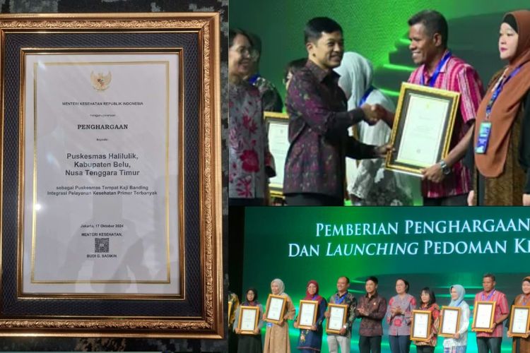 Kepala Puskesmas Halilulik Edelbertus Mauk terlihat menerima penghargaan dalam acara Pemberian Penghargaan Puskesmas dan Launching Pedoman Kerja di Hotel Grand Sahid Jaya, Jakarta, Kamis (17/10/2024). 
