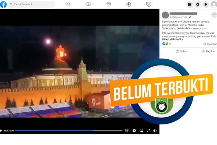 Tangkapan layar akun Facebook berisi konten yang belum terbukti kebenarannya, terkait video drone Ukraina menghantam istana Putin. 