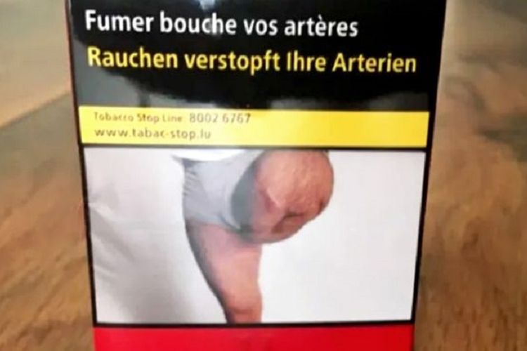 Gambar dari sebuah bungkus rokok berisi larangan merokok. Seorang pria di Perancis mengklaim kakinya yang diamputasi dijadikan model di iklan bungkus rokok tersebut.