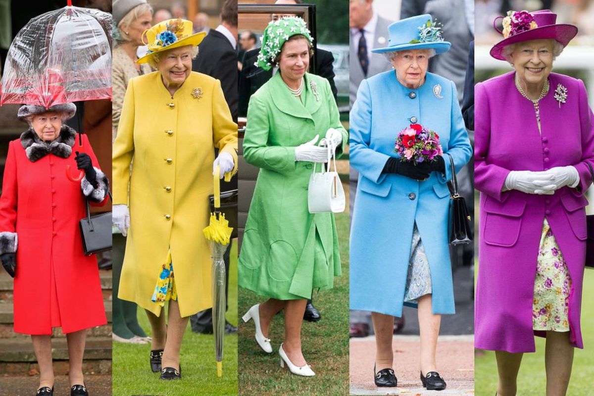 Ratu Elizabeth II dengan pakaian berbagau warna.