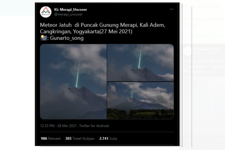 Tangkapan layar unggahan yang memperlihatkan secarik cahaya terang yang diduga sebagai meteor viral di media sosial pada Jumat (28/5/2021).