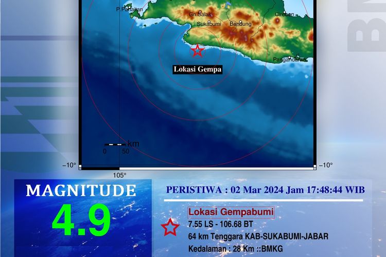 Gempa bumi dengan kekuatan M 4,9 mengguncang Kabupaten Sukabumi, Jawa Barat pada Sabtu (2/3/2024) pukul 17.48 WIB.