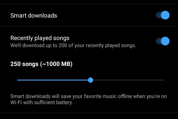 Tampilan fitur baru di YouTube Music yang memungkinkan aplikasi mengunduh (download) 200 lagu yang baru diputar secara otomatis