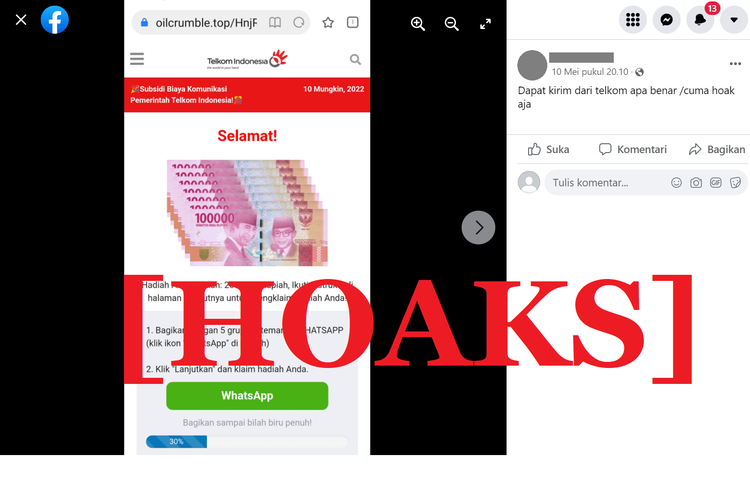 Tangkapan layar tautan mengatasnamakan Telkom Indonesia, di sebuah akun Facebook. Tautan itu menawarkan subisidi biaya komunikasi pemerintah dari Telkom Indonesia.