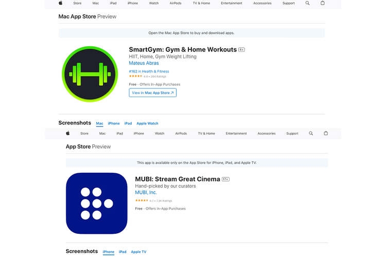 Ilustrasi aplikasi kesehatan SmartGym: Gym & Home Workouts (atas) dan MUBI: Stream Great Cinema (bawah). Dua aplikasi ini masing-masing menjadi aplikasi terbaik di Apple Watch dan Apple TV