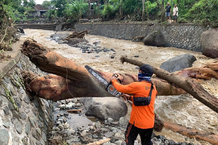 Material kayu yang terbawa arus banjir bandang di Desa Banyupoh, Kecamatan Gerokgak, Kabupaten Buleleng, Provinsi Bali.
