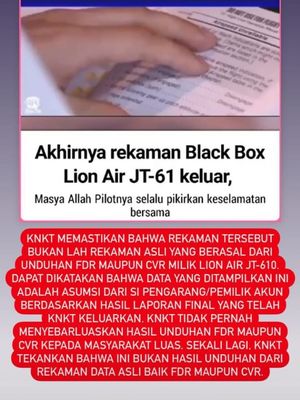 Tangkapan layar klarifikasi KNKT mengenai rekaman CVR Lion JT-610 yang beredar luas, melalui unggahan Instagram Story, Selasa (4/5/2021)