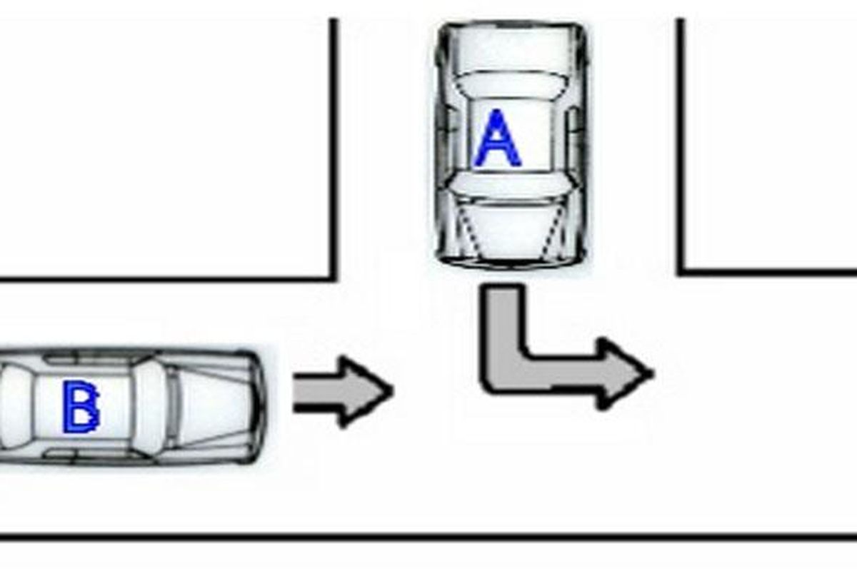 Gambar 2. Utamakan kendaraan yang datang dari arah cabang persimpangan yang lurus (Mobil B) pada persimpangan 3 (tiga) tegak lurus.