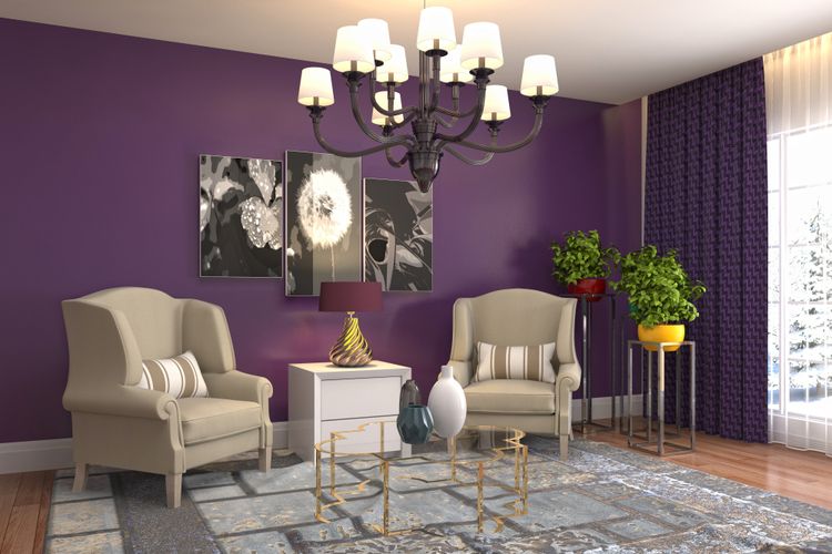 Ilustrasi ruang tamu dengan nuansa warna ungu tua. 