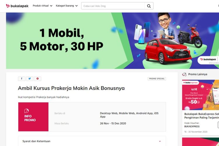 Tangkapan layar program Bukalapak terkait kompetisi Program Bonus Akhir Tahun bagi penerima manfaat Kartu Prakerja dengan ragam hadiah menarik.