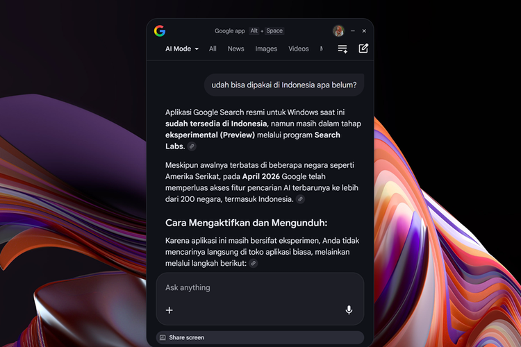 Ilustrasi penggunaan aplikasi Google Search di laptop Windows