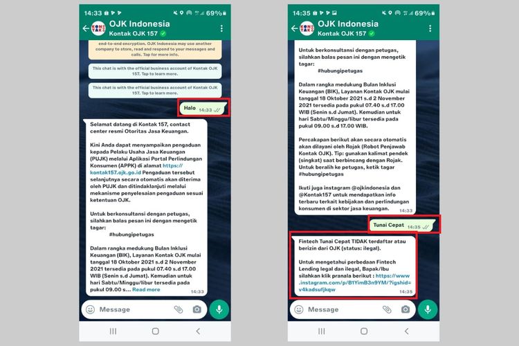 Cara cek status legalitas pinjol melalui nomor WhatsApp OJK Indonesia