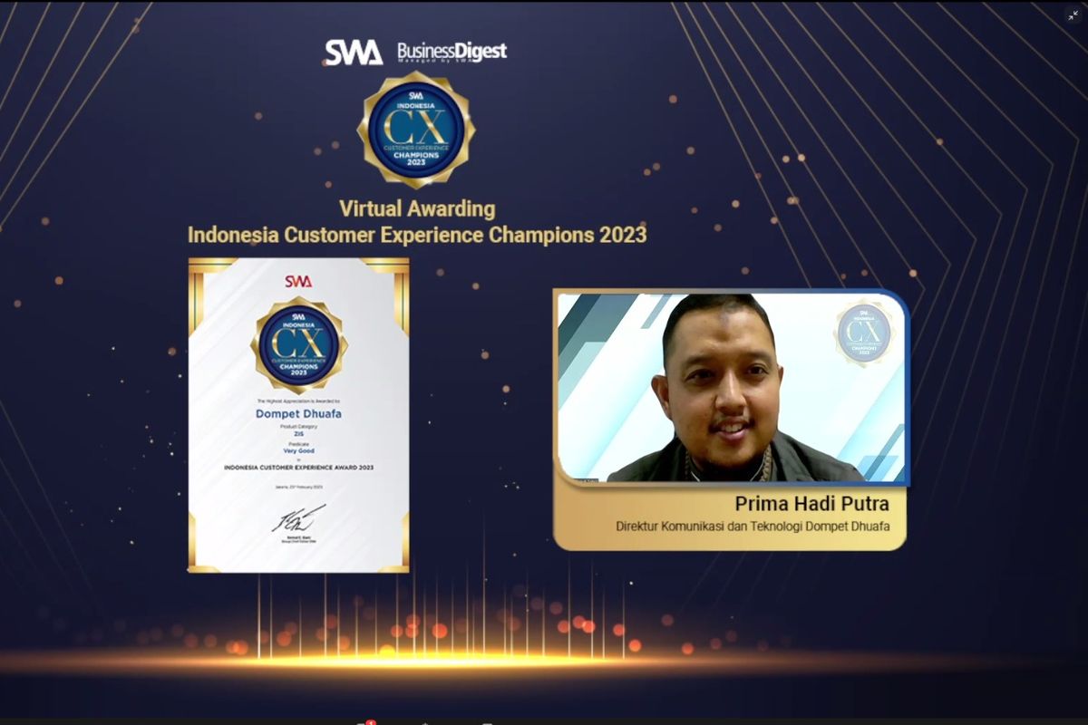 Direktur Komunikasi dan Teknologi Dompet Dhuafa Prima Hadi Putra salam acara apenghargaan ICX Award 2023 yang digelar secara daring Majalah SWA dan Business Digest (BD) dengan sub-tema ?The Power of Customer Experience in Driving Customer Engagement & Business Growth?, Kamis (23/2/2023) pukul 13.30-16.30 WIB.
