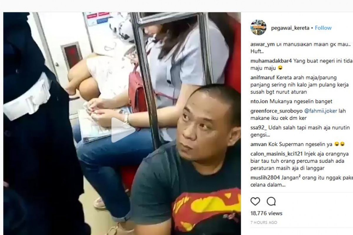 Video dalam akun Instagram @pegawai_kereta yang memperlihatkan seorang pria bersikeras duduk di lantai commuter line. 