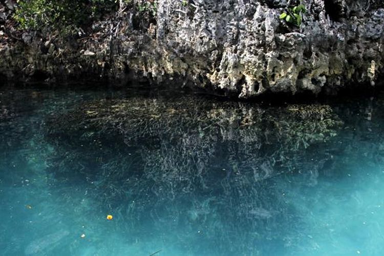 Air laut Pulau Rufas yang terlihat jernih pada Senin (1/6/2016). Pulau Rufas terletak di Desa Pam, Distrik Waigeo Barat Kepulauan, Kabupaten Raja Ampat, Papua Barat. Lanskap air laut jernih serta tebing batu karst bisa terlihat dari puncak bukit.