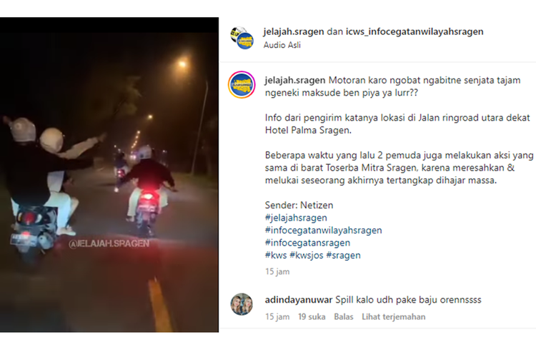 Tangkapan layar unggahan video yang memperlihatkan konvoi pengendara motor di Sragen, Jawa Tengah sambil mengayunkan senjata tajam (sajam).