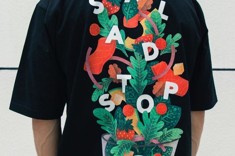Salah satu desain baju kolaborasi SaladStop! x Ageless Galaxy yang diluncurkan, Sabtu (30/11/2019) lalu.