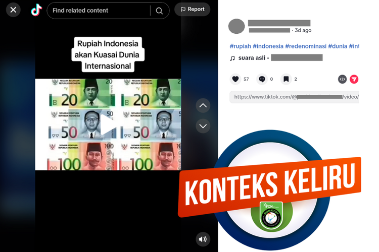 Tangkapan layar unggahan dengan narasi salah di sebuah akun TikTok, Minggu (9/7/2023), soal video rencana redenominasi oleh Bank Indonesia.