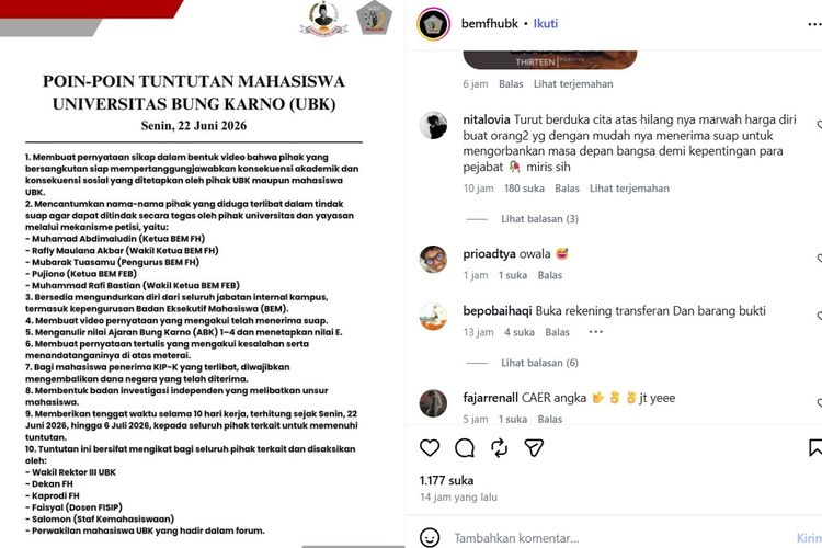IG BEM FH UBK Diserbu Netizen Usai Ketua Akui Terima Uang Demo
